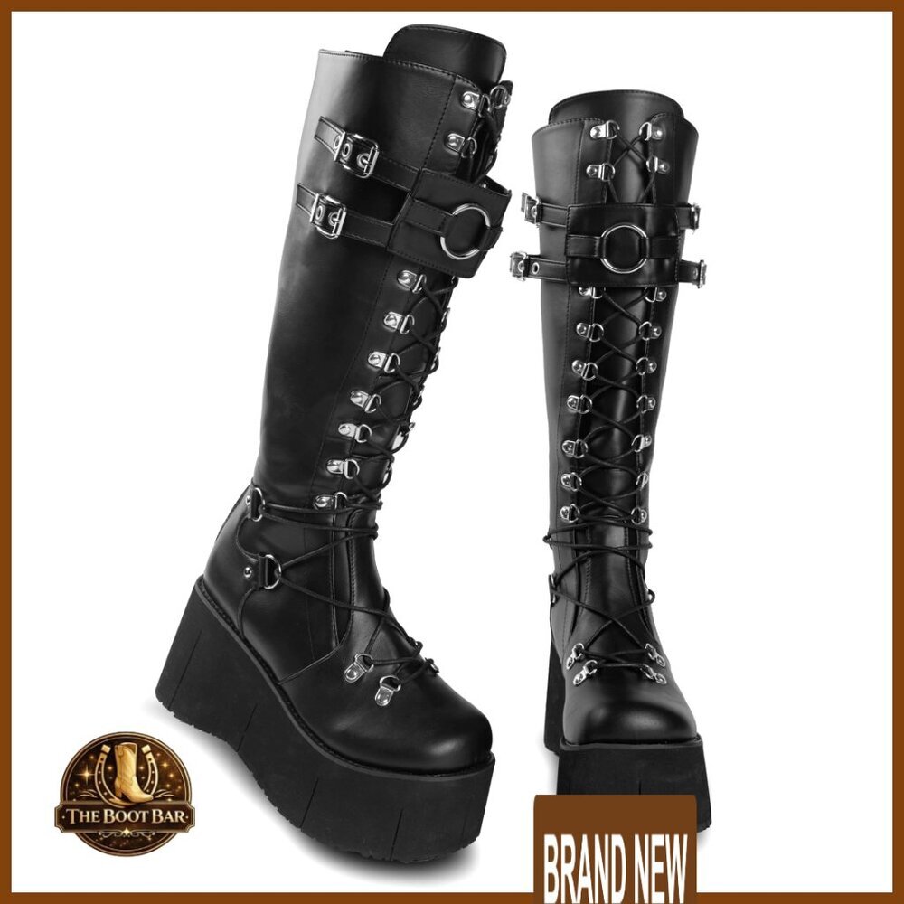 Platform Combat Boots Mid Calf Chunky Heel Lace Up Size 5.5-11